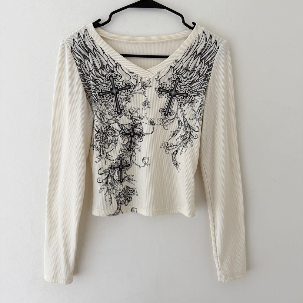 Y2K Cropped T-Shirt S Ribbed Long Sleeve Gothic Cross Indie Grunge Mall Kid